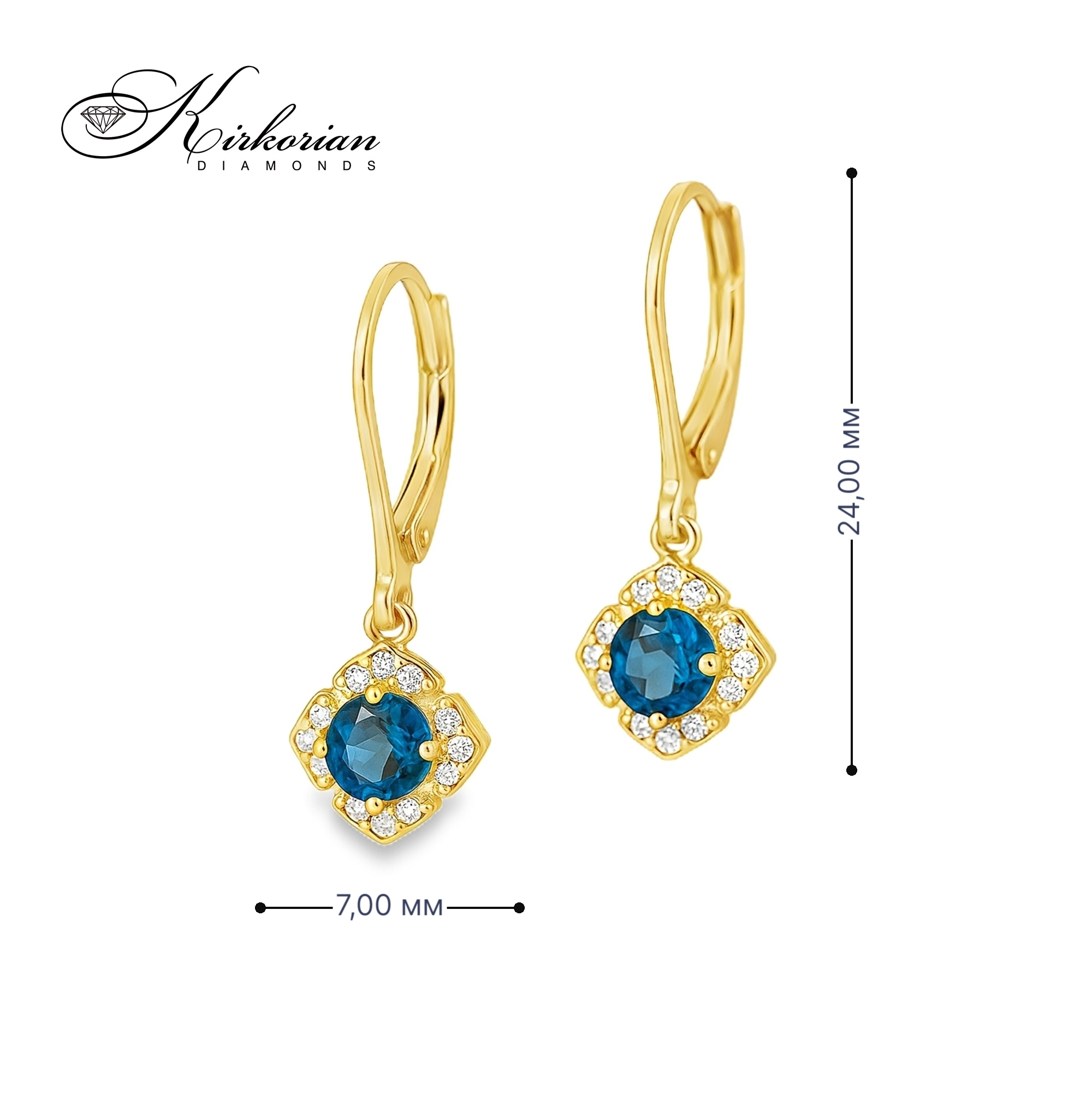 Обеци от жълто злато 14К с Лондон Блу топази и диаманти – луксозен дизайн и перфектно съчетание | Kirkorian Diamonds