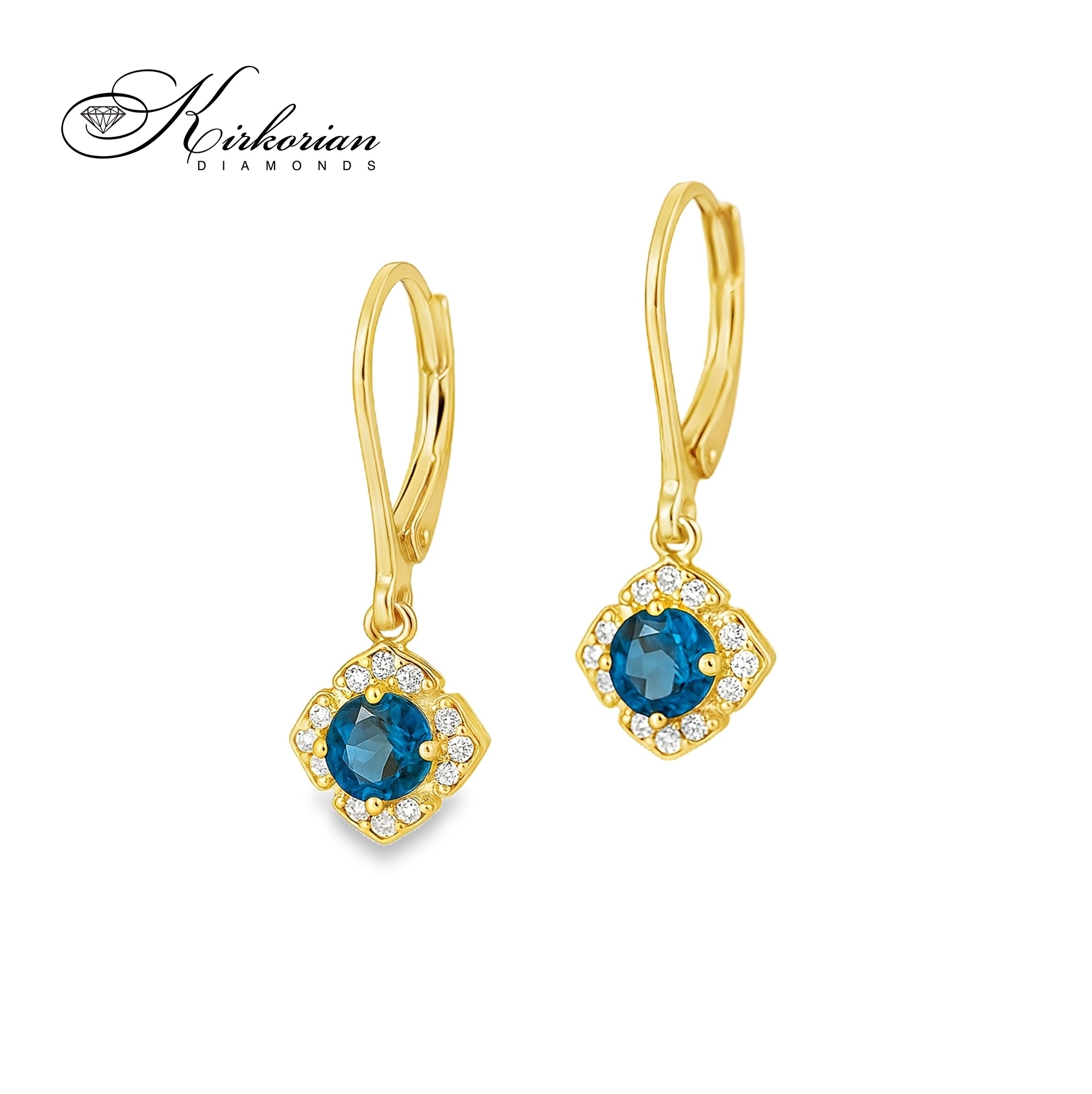 Обеци от жълто злато 14К с Лондон Блу топази и диаманти – луксозен дизайн и перфектно съчетание | Kirkorian Diamonds