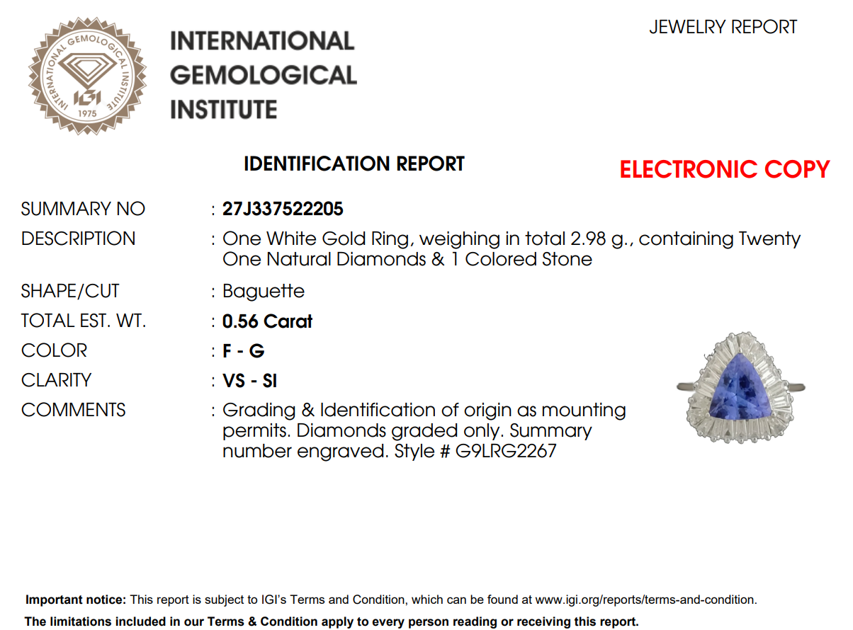 Годежен пръстен от бяло злато 18k с танзанит 1.27ct и диаманти 0.56ct IGI сертификат RT10