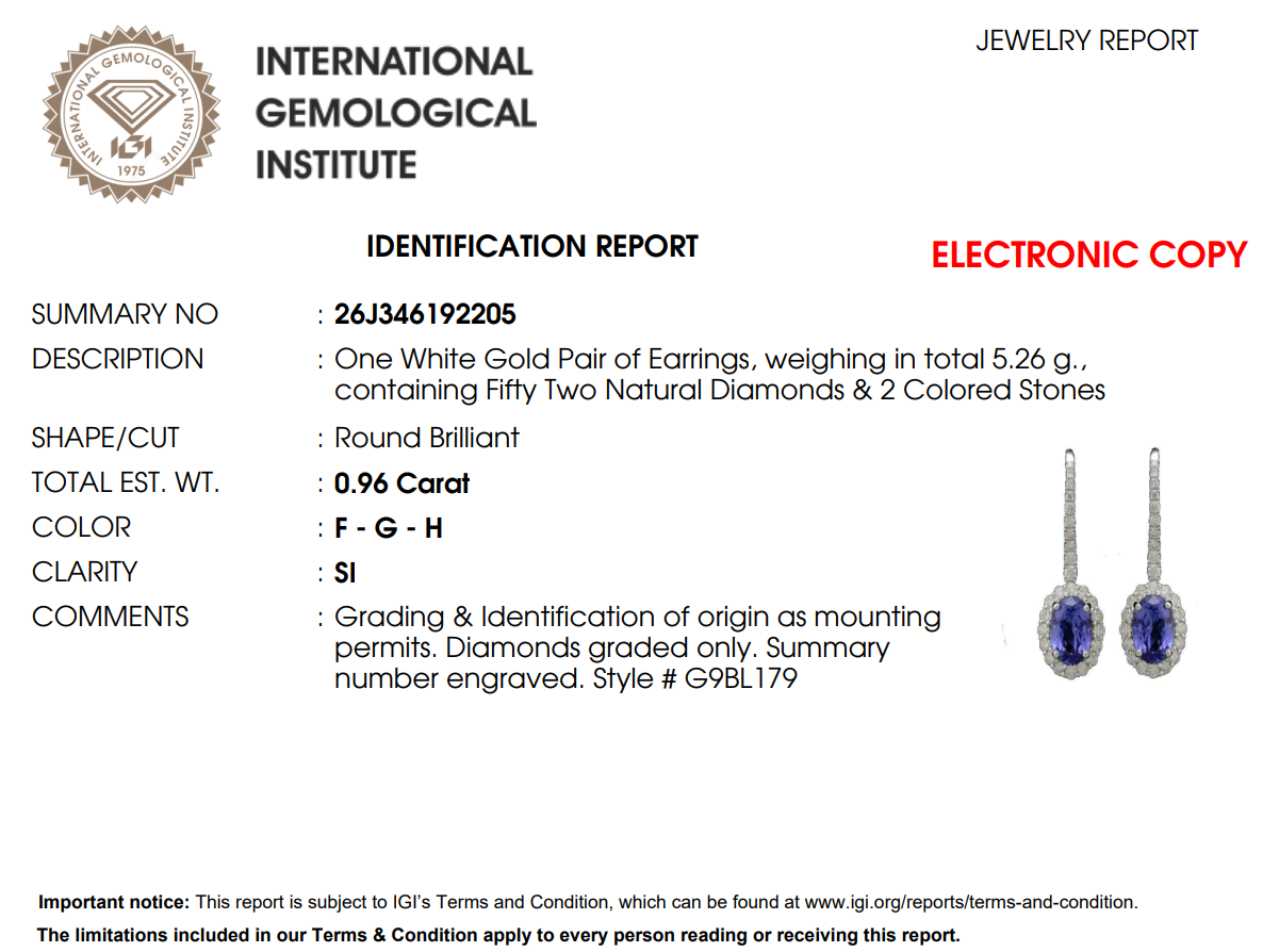 Обеци бяло злато 18к.  танзанит 5.26ct  диаманти 0.96ct с IGI сертификат код:RT11