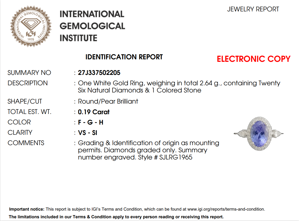 Годежен пръстен 18к. с танзанит 1,39 карата и диаманти 0.19 карата с IGI сертификат код:RT13
